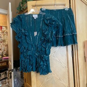 Chloe Oliver teal and silver metallicRuffled Top and Skirt Set size medium